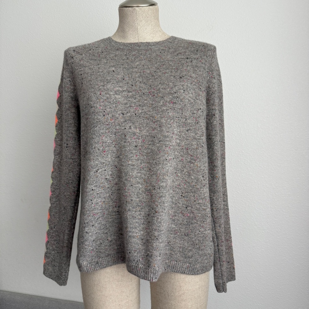 Lisa Todd Cashmere Sweater Gray with Colorful Diamond Sleeve Detail Size S